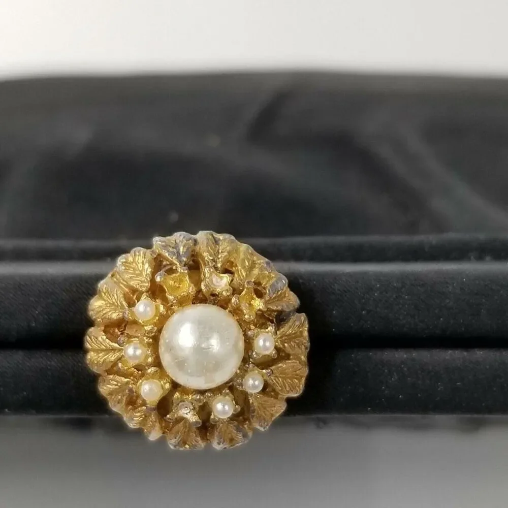 Vintage 60s Purse Black Clutch Kiss Lock Gold Pearl Rhinestone Coin Purse